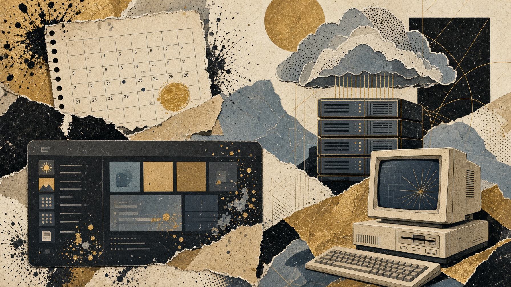 Collage: un calendario, un PC beige, una nube.